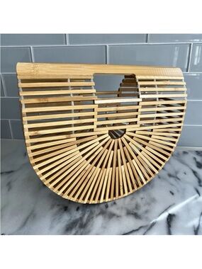 Cult Gaia Inspired Bamboo Ark Shaped Top Handle Clutch Bag Natural Tan